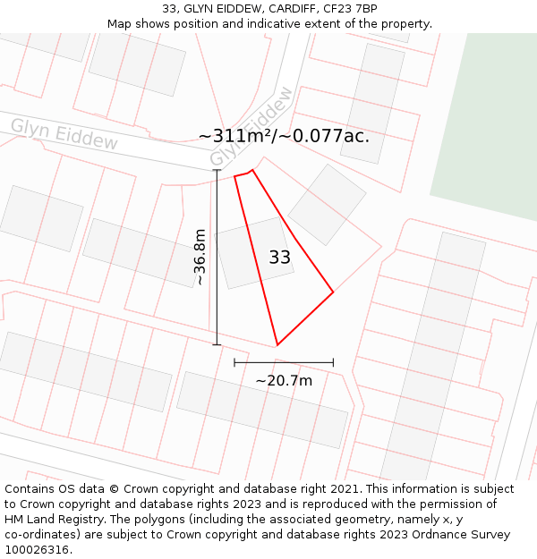 33, GLYN EIDDEW, CARDIFF, CF23 7BP: Plot and title map