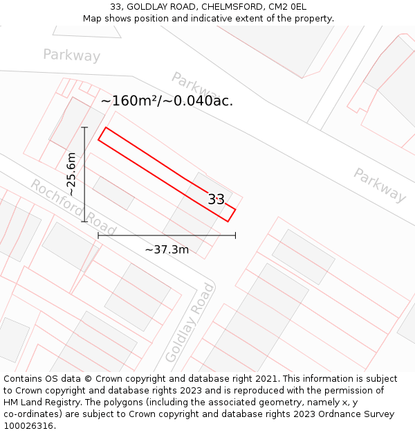 33, GOLDLAY ROAD, CHELMSFORD, CM2 0EL: Plot and title map