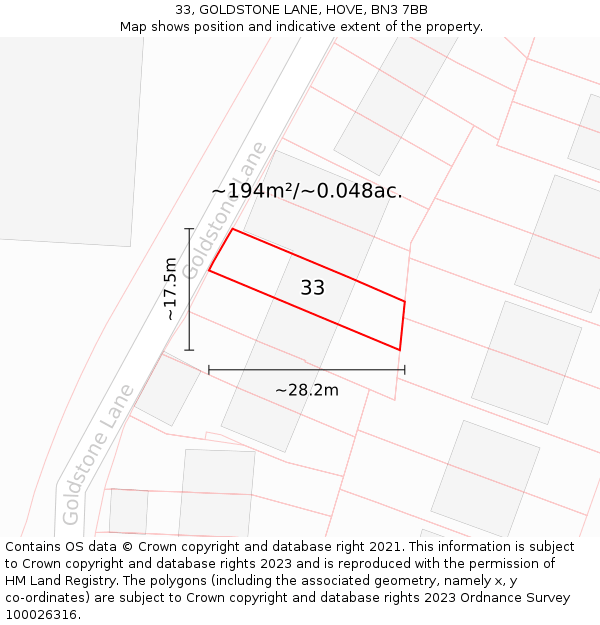 33, GOLDSTONE LANE, HOVE, BN3 7BB: Plot and title map