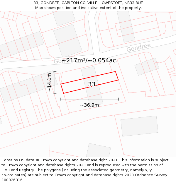 33, GONDREE, CARLTON COLVILLE, LOWESTOFT, NR33 8UE: Plot and title map