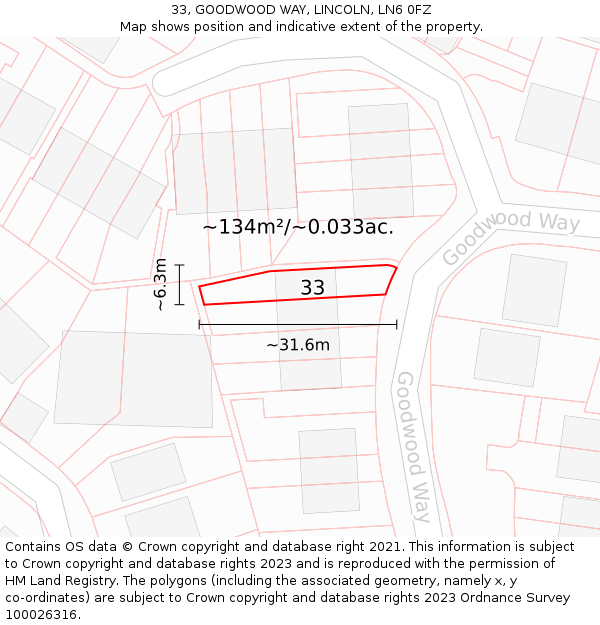 33, GOODWOOD WAY, LINCOLN, LN6 0FZ: Plot and title map