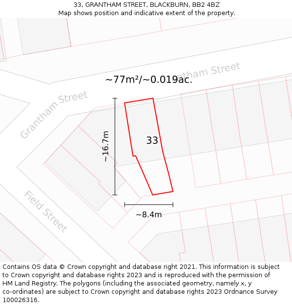 33, GRANTHAM STREET, BLACKBURN, BB2 4BZ: Plot and title map