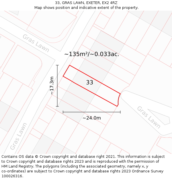 33, GRAS LAWN, EXETER, EX2 4RZ: Plot and title map