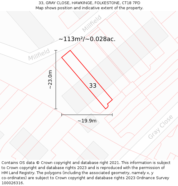 33, GRAY CLOSE, HAWKINGE, FOLKESTONE, CT18 7PD: Plot and title map