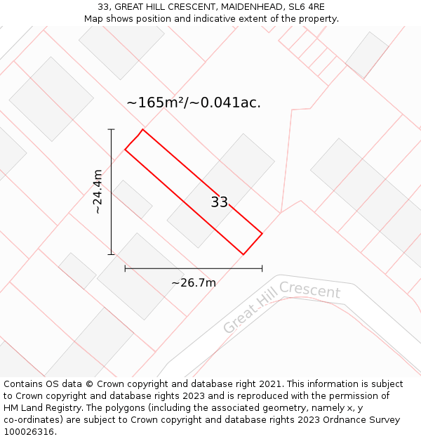33, GREAT HILL CRESCENT, MAIDENHEAD, SL6 4RE: Plot and title map