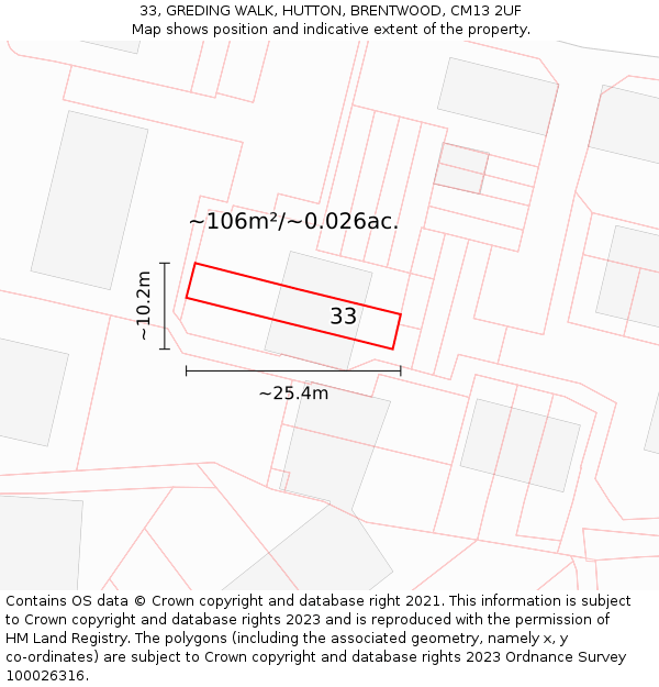 33, GREDING WALK, HUTTON, BRENTWOOD, CM13 2UF: Plot and title map