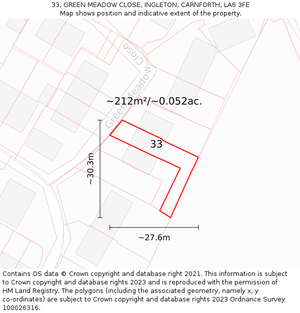 33, GREEN MEADOW CLOSE, INGLETON, CARNFORTH, LA6 3FE: Plot and title map