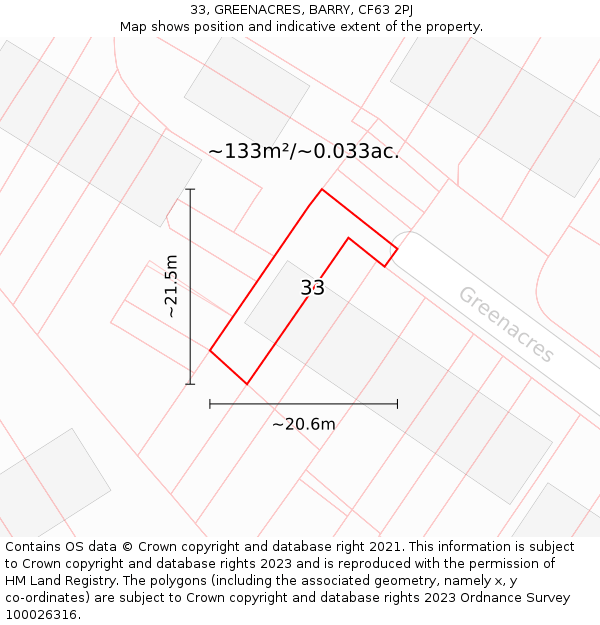 33, GREENACRES, BARRY, CF63 2PJ: Plot and title map
