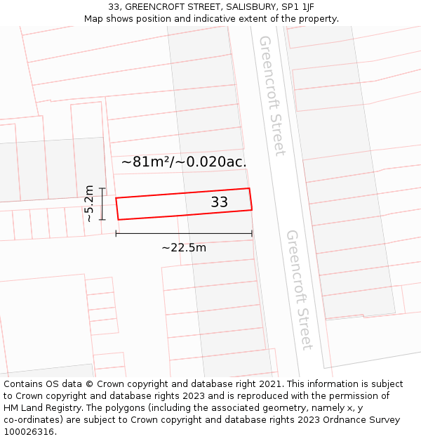 33, GREENCROFT STREET, SALISBURY, SP1 1JF: Plot and title map