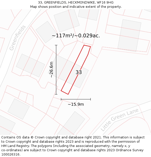 33, GREENFIELDS, HECKMONDWIKE, WF16 9HG: Plot and title map