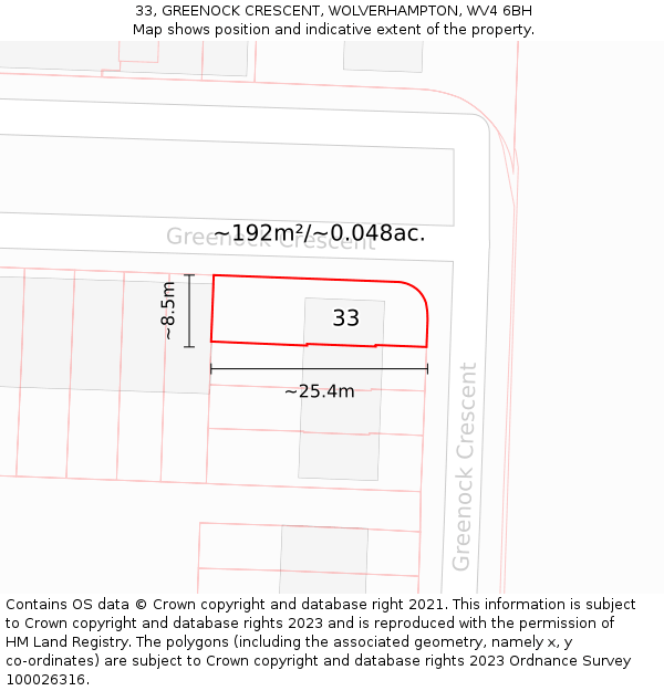 33, GREENOCK CRESCENT, WOLVERHAMPTON, WV4 6BH: Plot and title map