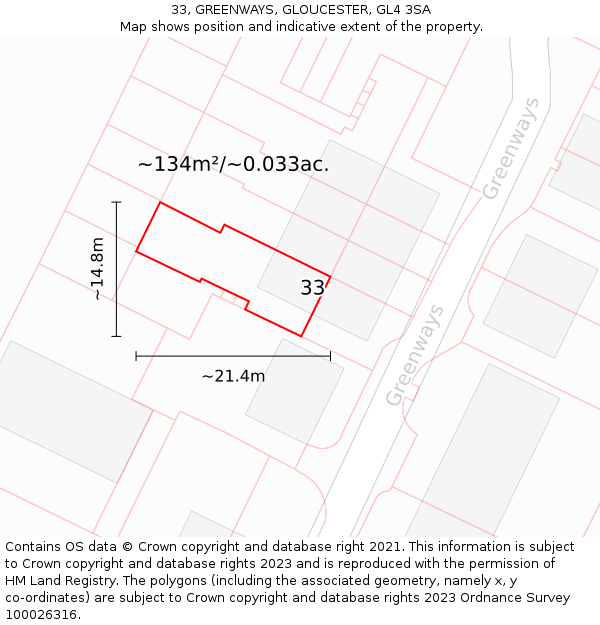 33, GREENWAYS, GLOUCESTER, GL4 3SA: Plot and title map