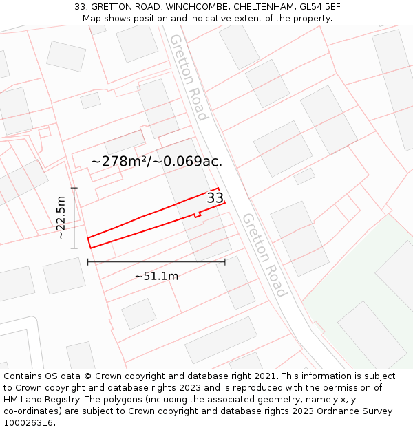 33, GRETTON ROAD, WINCHCOMBE, CHELTENHAM, GL54 5EF: Plot and title map