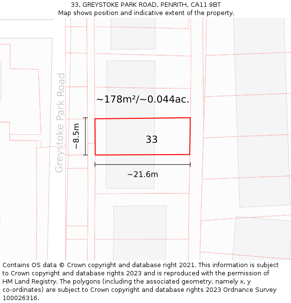 33, GREYSTOKE PARK ROAD, PENRITH, CA11 9BT: Plot and title map