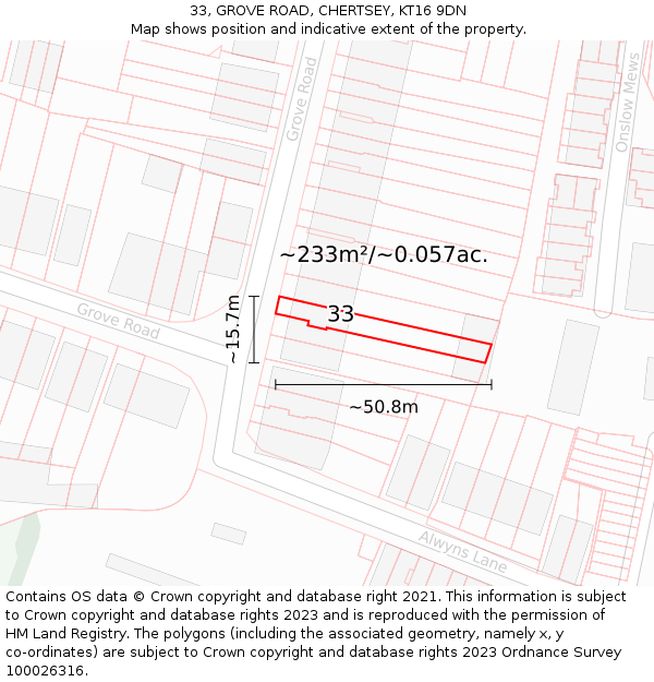 33, GROVE ROAD, CHERTSEY, KT16 9DN: Plot and title map