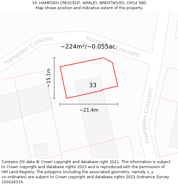 33, HAMPDEN CRESCENT, WARLEY, BRENTWOOD, CM14 5BD: Plot and title map
