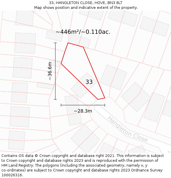 33, HANGLETON CLOSE, HOVE, BN3 8LT: Plot and title map