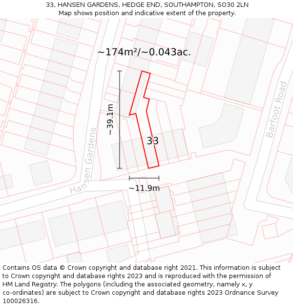 33, HANSEN GARDENS, HEDGE END, SOUTHAMPTON, SO30 2LN: Plot and title map