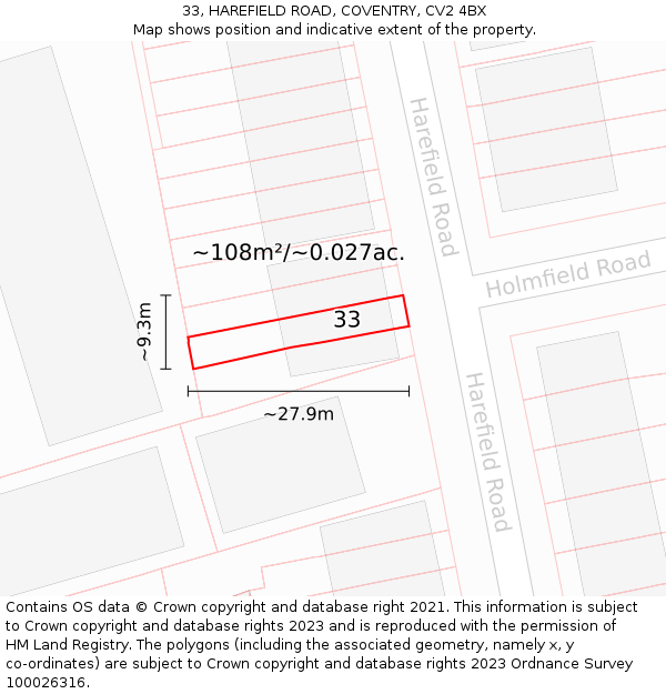 33, HAREFIELD ROAD, COVENTRY, CV2 4BX: Plot and title map