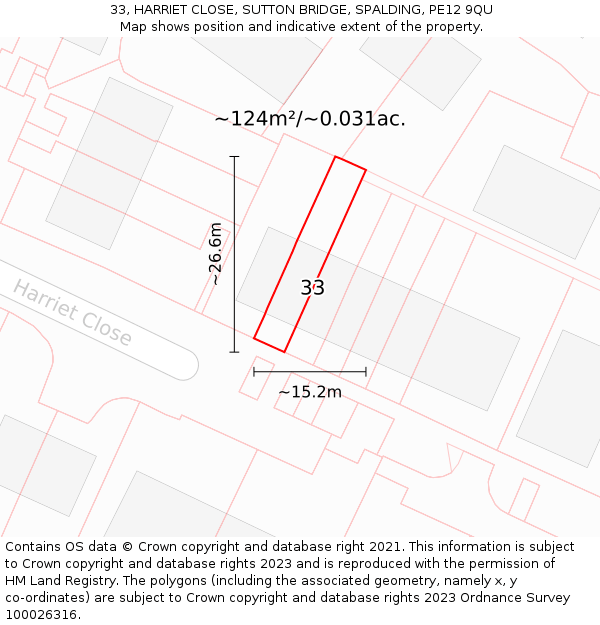 33, HARRIET CLOSE, SUTTON BRIDGE, SPALDING, PE12 9QU: Plot and title map