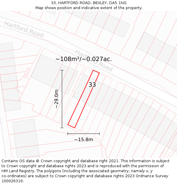 33, HARTFORD ROAD, BEXLEY, DA5 1NG: Plot and title map
