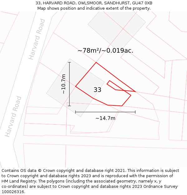 33, HARVARD ROAD, OWLSMOOR, SANDHURST, GU47 0XB: Plot and title map