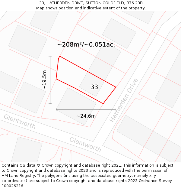 33, HATHERDEN DRIVE, SUTTON COLDFIELD, B76 2RB: Plot and title map
