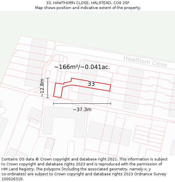 33, HAWTHORN CLOSE, HALSTEAD, CO9 2SF: Plot and title map