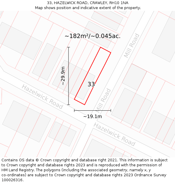 33, HAZELWICK ROAD, CRAWLEY, RH10 1NA: Plot and title map