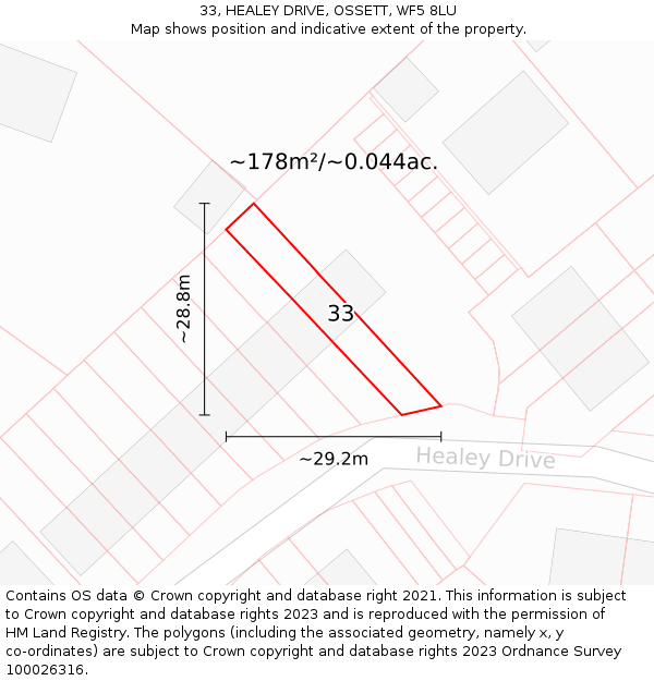 33, HEALEY DRIVE, OSSETT, WF5 8LU: Plot and title map