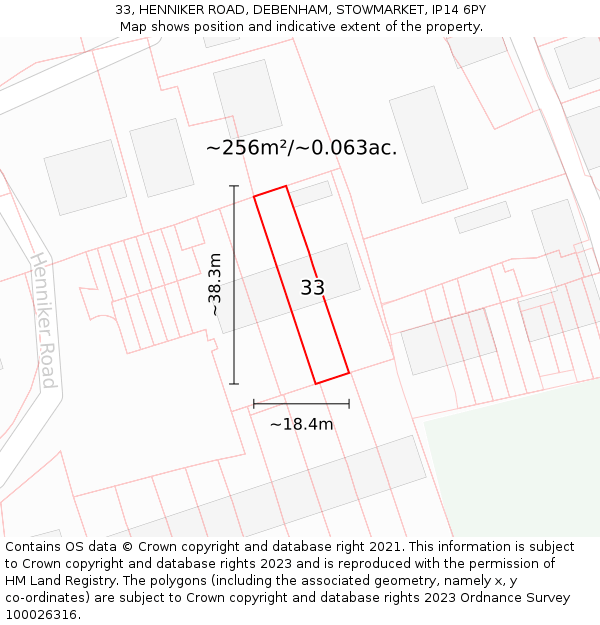 33, HENNIKER ROAD, DEBENHAM, STOWMARKET, IP14 6PY: Plot and title map