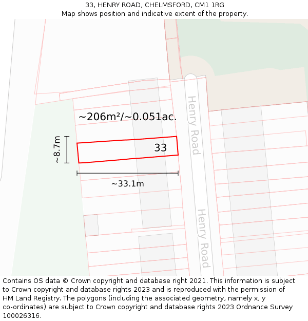 33, HENRY ROAD, CHELMSFORD, CM1 1RG: Plot and title map