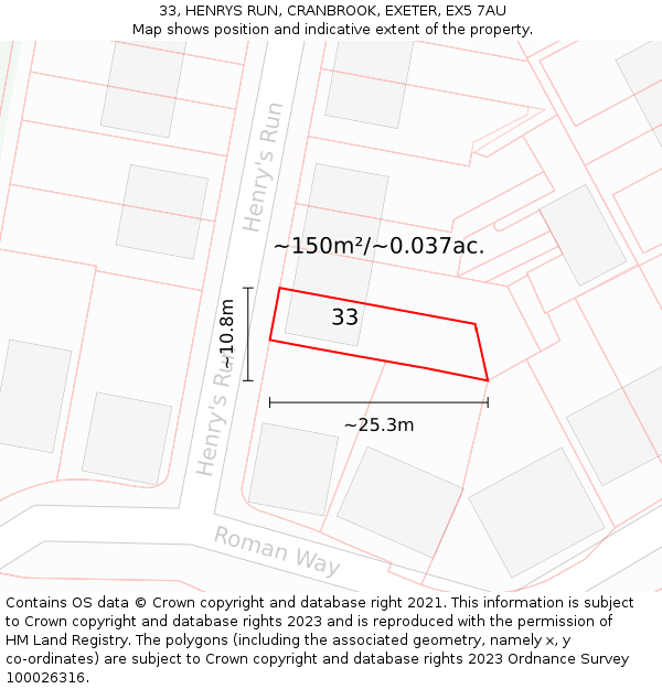 33, HENRYS RUN, CRANBROOK, EXETER, EX5 7AU: Plot and title map