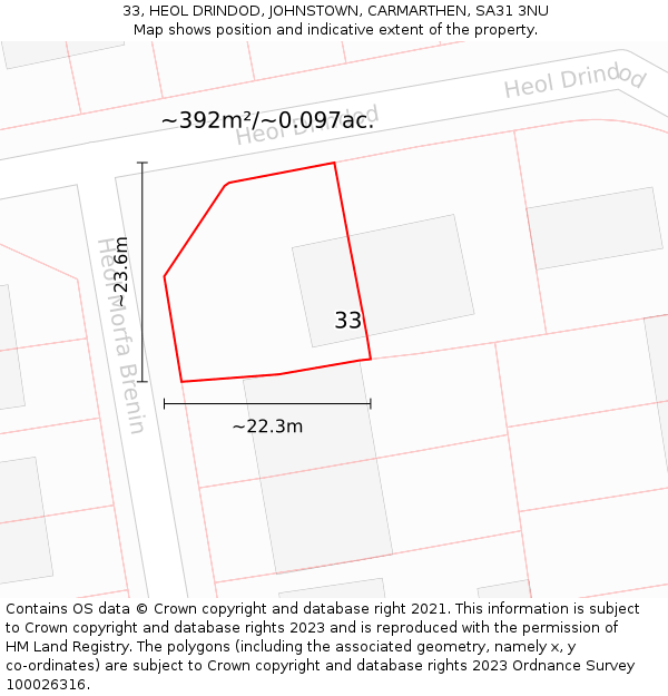 33, HEOL DRINDOD, JOHNSTOWN, CARMARTHEN, SA31 3NU: Plot and title map
