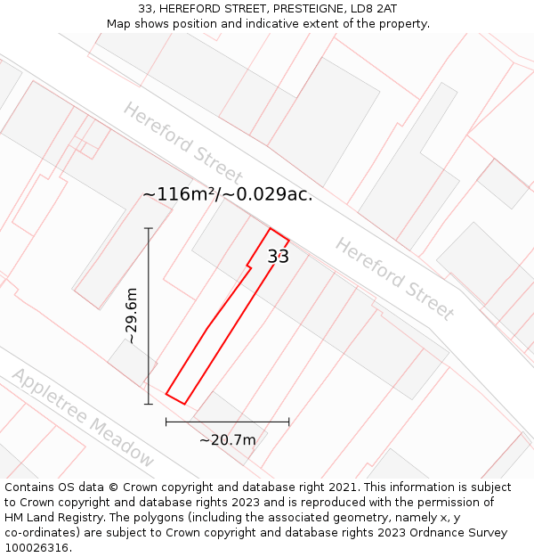 33, HEREFORD STREET, PRESTEIGNE, LD8 2AT: Plot and title map