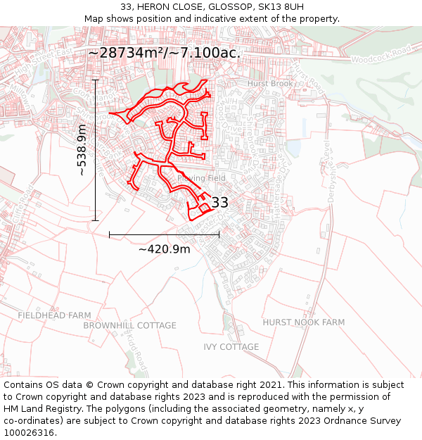 33, HERON CLOSE, GLOSSOP, SK13 8UH: Plot and title map
