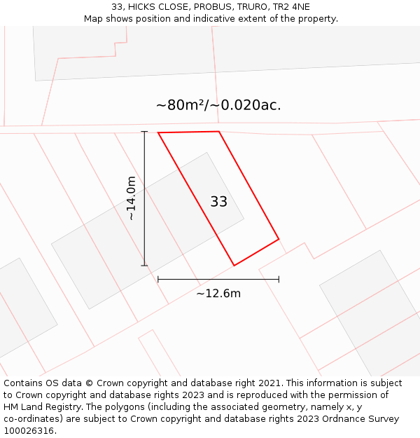 33, HICKS CLOSE, PROBUS, TRURO, TR2 4NE: Plot and title map