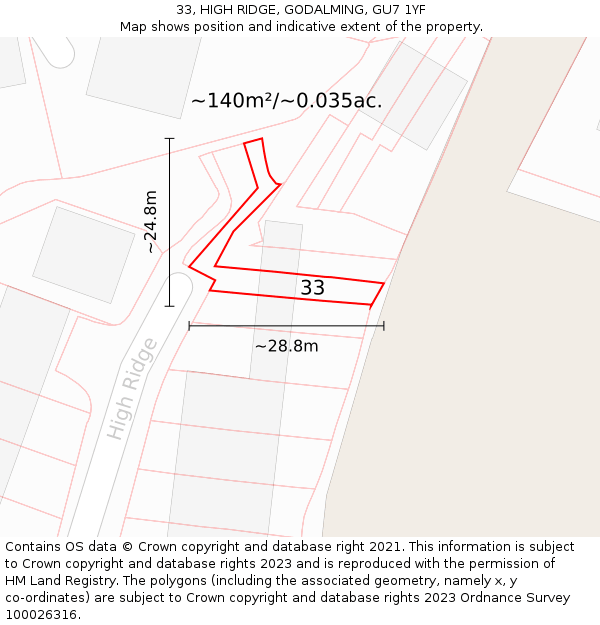 33, HIGH RIDGE, GODALMING, GU7 1YF: Plot and title map