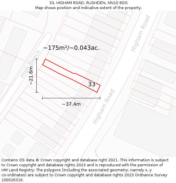 33, HIGHAM ROAD, RUSHDEN, NN10 6DG: Plot and title map