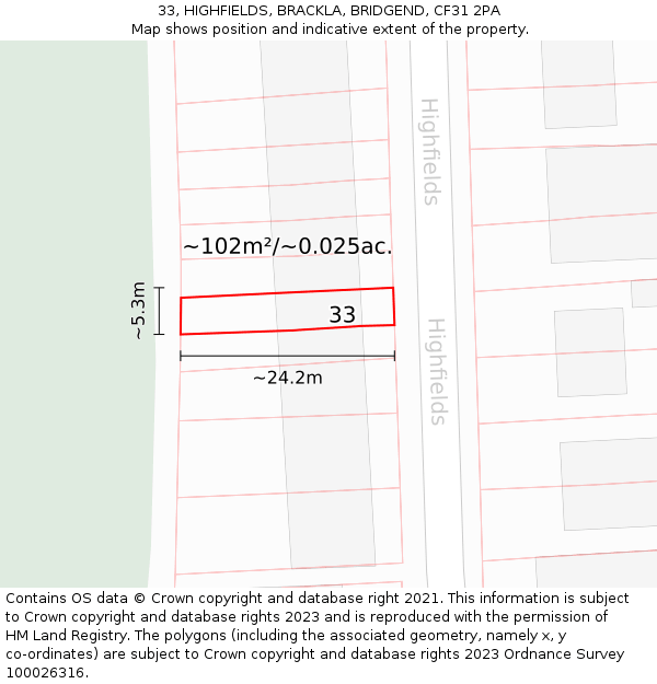 33, HIGHFIELDS, BRACKLA, BRIDGEND, CF31 2PA: Plot and title map