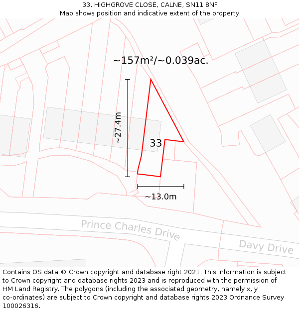 33, HIGHGROVE CLOSE, CALNE, SN11 8NF: Plot and title map