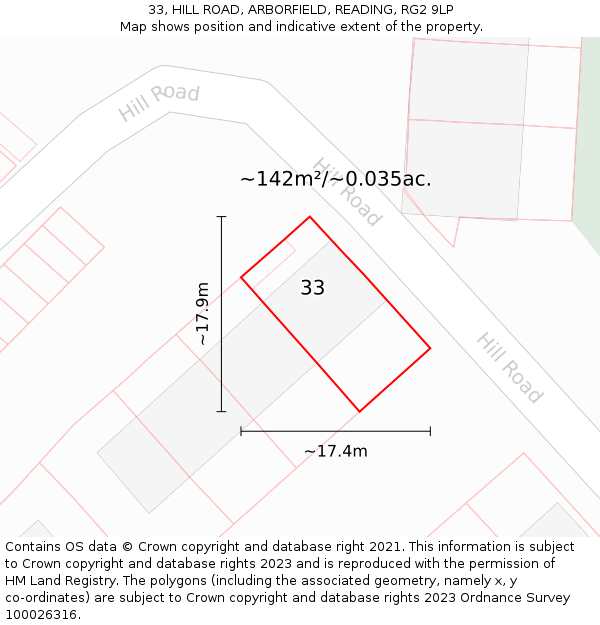 33, HILL ROAD, ARBORFIELD, READING, RG2 9LP: Plot and title map