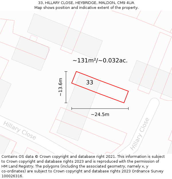33, HILLARY CLOSE, HEYBRIDGE, MALDON, CM9 4UA: Plot and title map