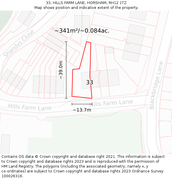 33, HILLS FARM LANE, HORSHAM, RH12 1TZ: Plot and title map
