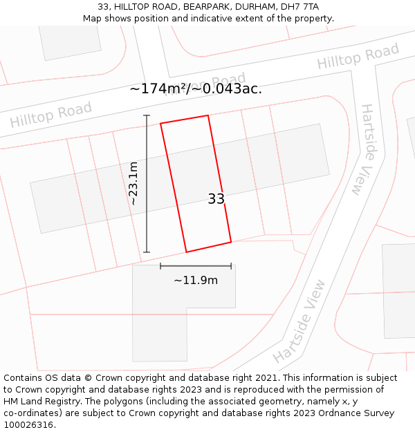 33, HILLTOP ROAD, BEARPARK, DURHAM, DH7 7TA: Plot and title map