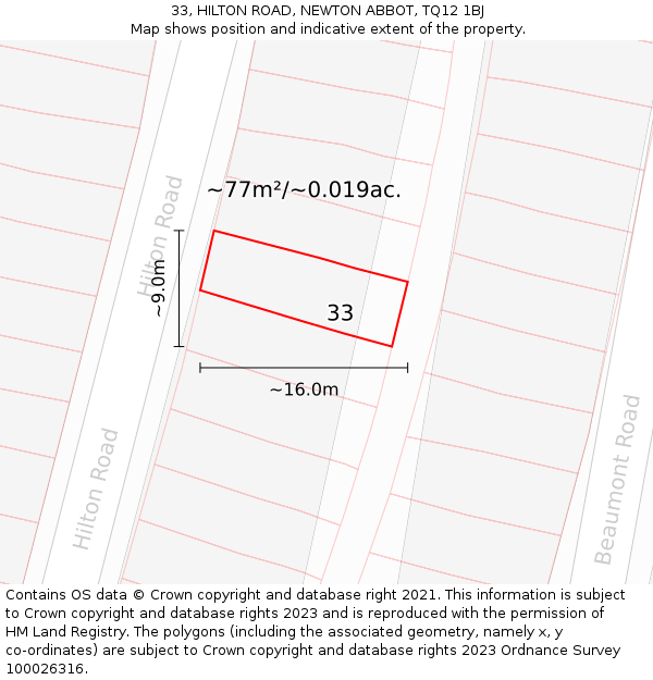 33, HILTON ROAD, NEWTON ABBOT, TQ12 1BJ: Plot and title map