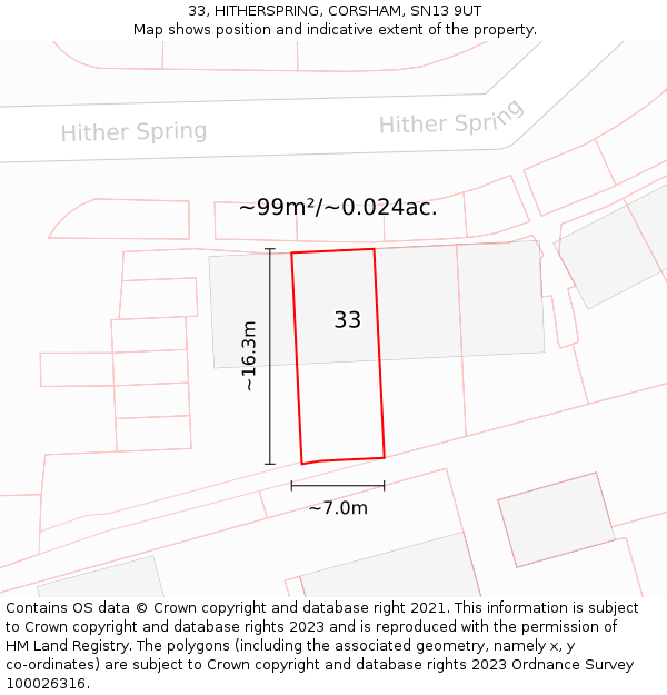33, HITHERSPRING, CORSHAM, SN13 9UT: Plot and title map