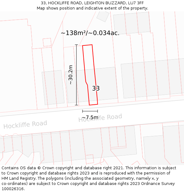 33, HOCKLIFFE ROAD, LEIGHTON BUZZARD, LU7 3FF: Plot and title map