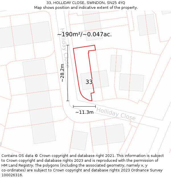33, HOLLIDAY CLOSE, SWINDON, SN25 4YQ: Plot and title map