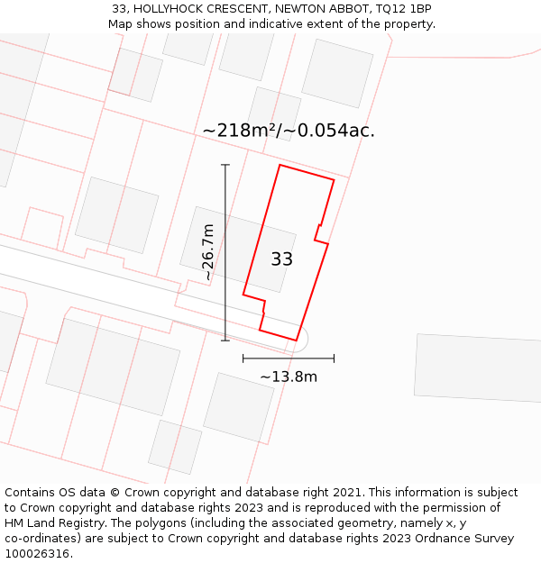 33, HOLLYHOCK CRESCENT, NEWTON ABBOT, TQ12 1BP: Plot and title map